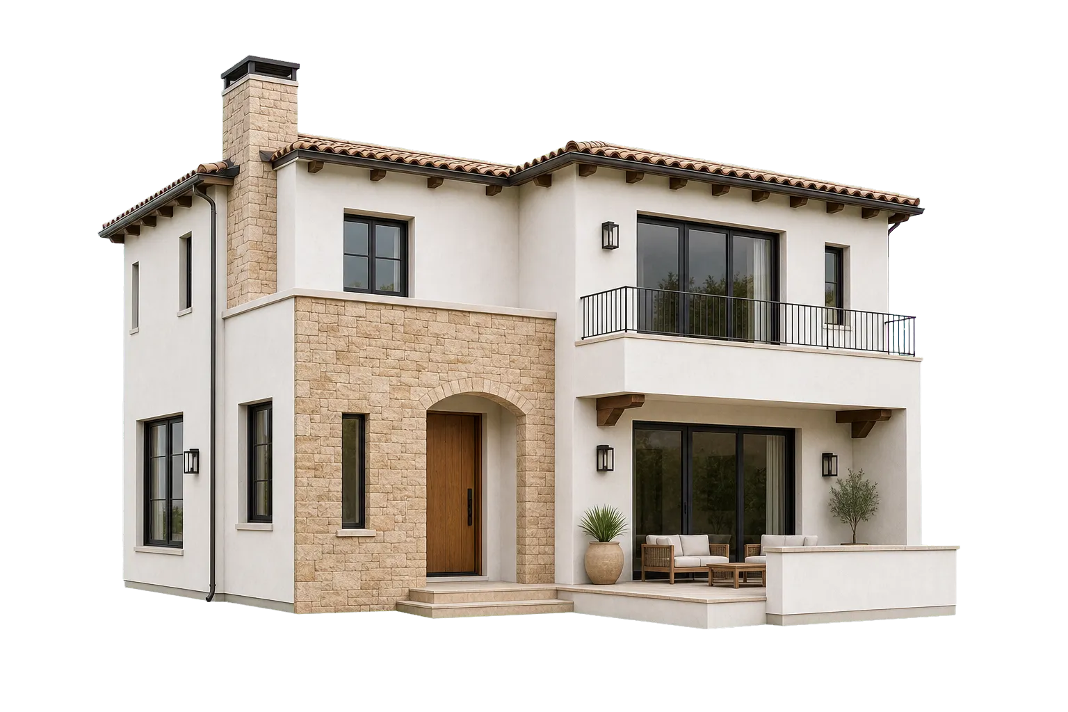 Vivienda reformada con piedra natural, terraza y grandes ventanales